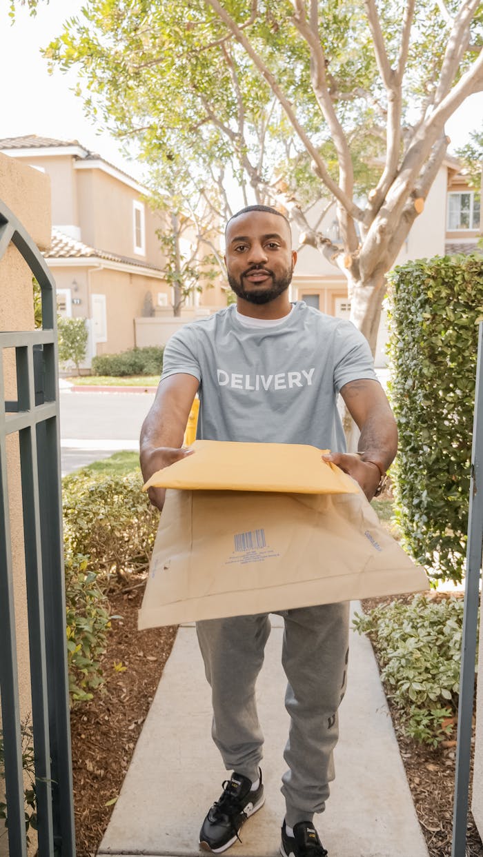A delivery person handing over packages outdoors in a residential area.